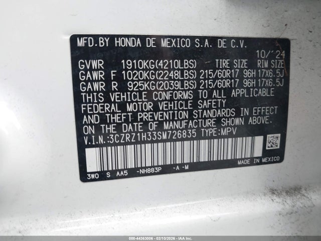 3CZRZ1H33SM726835 Honda Hr-v 2wd Lx