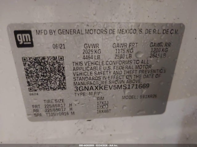 2021 Chevrolet Equinox Fwd Lt მანქანა იყიდება აუქციონზე, vin: 3GNAXKEV5MS171669, აუქციონის ნომერი: 44363009