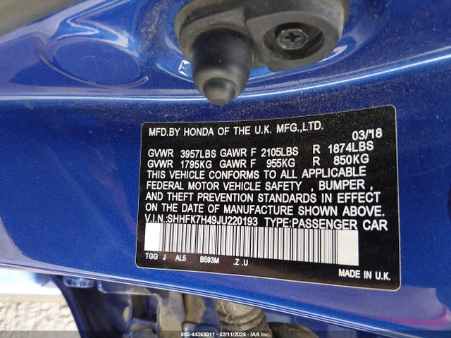 SHHFK7H49JU220193 Honda Civic Sport