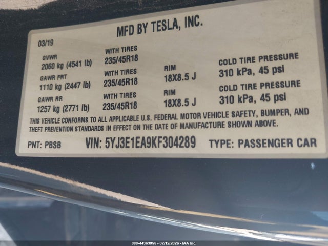 2019 TESLA MODEL 3 5YJ3E1EA9KF304289 Photo 8