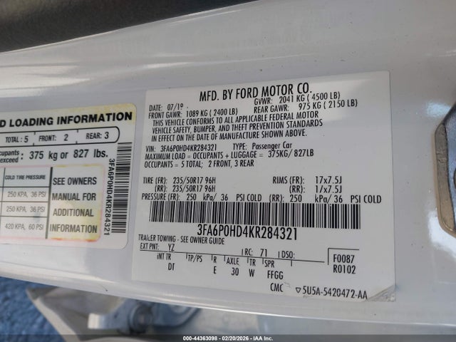 Aukcja sprzedaży 2019 Ford Fusion Se, vin: 3FA6P0HD4KR284321, numer aukcji: 44363098