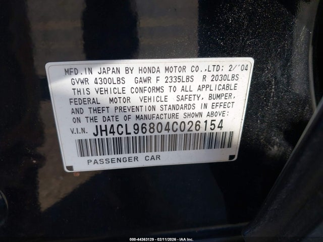 2004 Acura Tsx მანქანა იყიდება აუქციონზე, vin: JH4CL96804C026154, აუქციონის ნომერი: 44363129