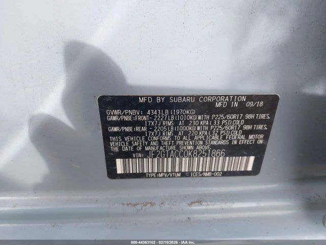 Auction sale of the 2019 Subaru Crosstrek 2.0i Premium, vin: JF2GTACC0K8251866, lot number: 44363162