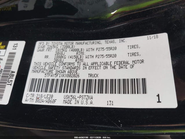 5TFAY5F1XKX802026 Toyota Tundra Platinum 5.7l V8