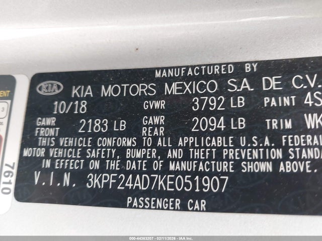 Продажа на аукционе авто 2019 Kia Forte Lxs, vin: 3KPF24AD7KE051907, номер лота: 44363207