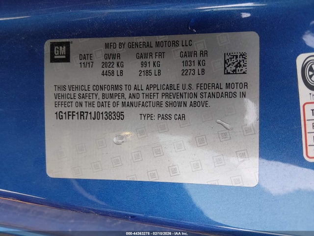 2018 Chevrolet Camaro 1ss მანქანა იყიდება აუქციონზე, vin: 1G1FF1R71J0138395, აუქციონის ნომერი: 44363278