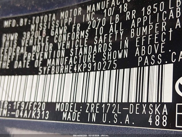 Toyota COROLLA SE 2019 5YFBURHE4KP910275 Image 9