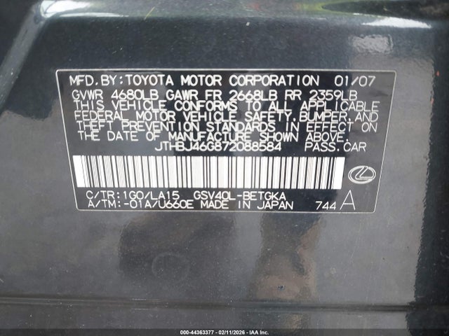2007 Lexus Es 350 მანქანა იყიდება აუქციონზე, vin: JTHBJ46G872088584, აუქციონის ნომერი: 44363377