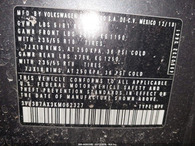 2019 VOLKSWAGEN TIGUAN 3VV3B7AX3KM062327 Photo 8