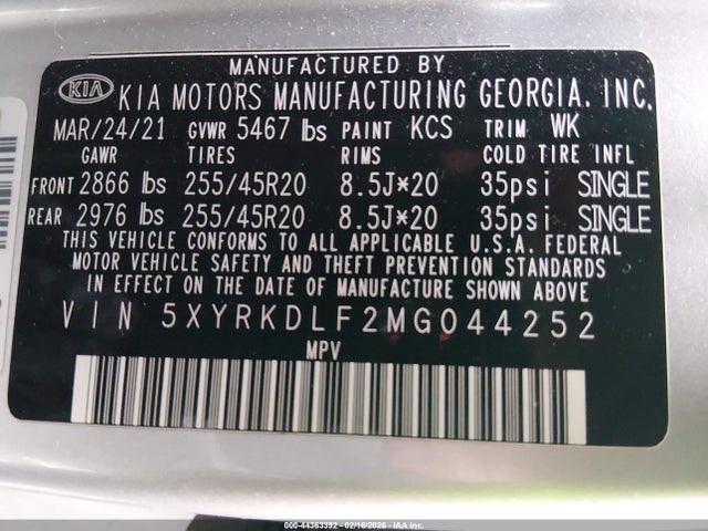 5XYRKDLF2MG044252 KIA SORENTO SX