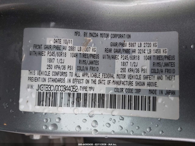 Aukcja sprzedaży 2012 Mazda Cx-9 Touring, vin: JM3TB3CV0C0344052, numer aukcji: 44363430