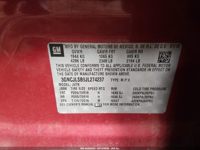 3GNCJLSB9JL274237 Chevrolet Trax Lt