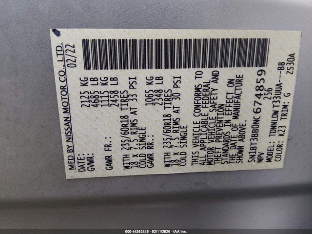 5N1BT3BB0NC674859 Nissan Rogue Sv Intelligent Awd