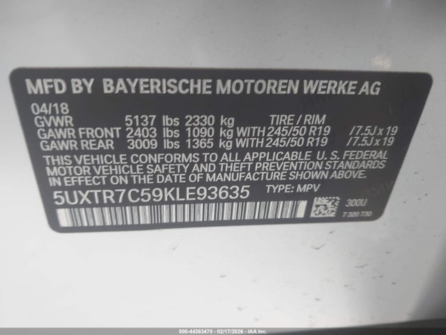 Продажа на аукционе авто 2019 Bmw X3 Sdrive30i, vin: 5UXTR7C59KLE93635, номер лота: 44363470