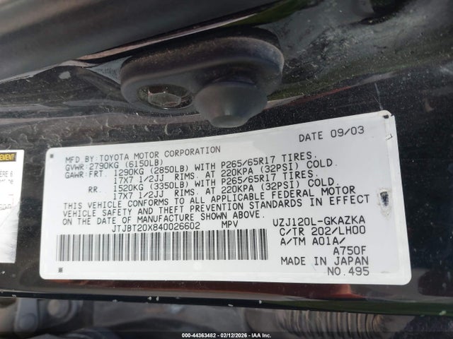 Aukcja sprzedaży 2004 Lexus Gx 470, vin: JTJBT20X840026602, numer aukcji: 44363482