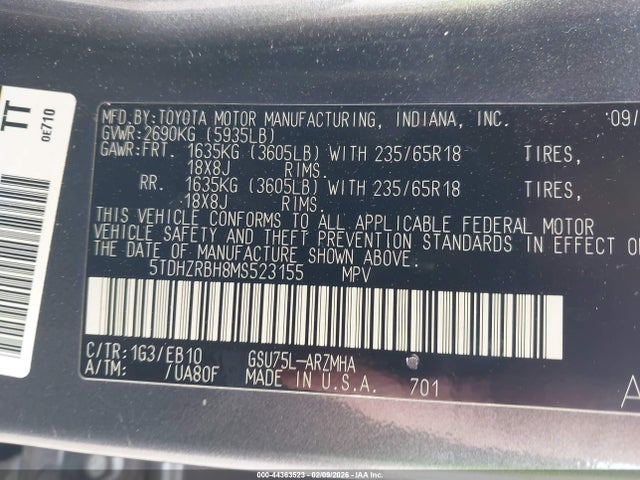 5TDHZRBH8MS523155 Toyota Highlander Xle