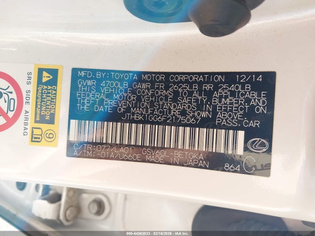 44363533 :رقم المزاد ، JTHBK1GG6F2175067 vin ، 2015 Lexus Es 350 مزاد بيع