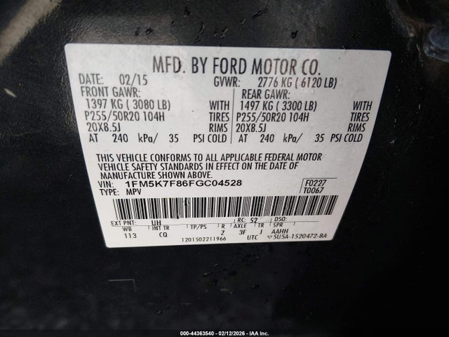 1FM5K7F86FGC04528 Ford Explorer Limited
