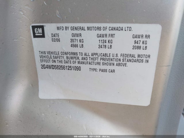 44363585 :رقم المزاد ، 2G4WD582561251090 vin ، 2006 Buick Lacrosse Cxl مزاد بيع