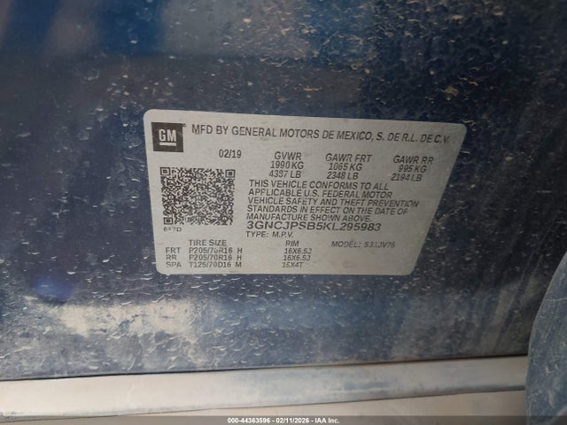 Продажа на аукционе авто 2019 Chevrolet Trax Lt, vin: 3GNCJPSB5KL295983, номер лота: 44363596