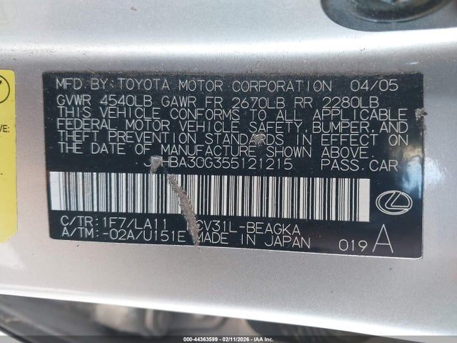 Aukcja sprzedaży 2005 Lexus Es 330, vin: JTHBA30G355121215, numer aukcji: 44363599