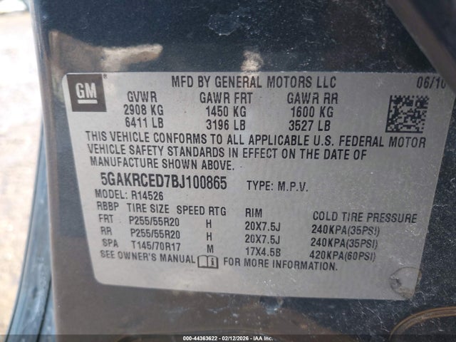 2011 Buick Enclave 2xl მანქანა იყიდება აუქციონზე, vin: 5GAKRCED7BJ100865, აუქციონის ნომერი: 44363622