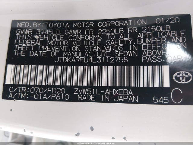 JTDKARFU4L3112758 Toyota Prius Le