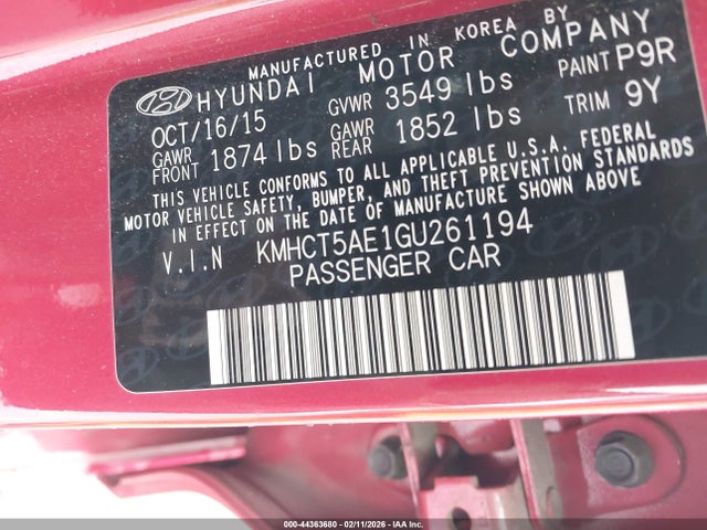 KMHCT5AE1GU261194 Hyundai ACCENT SE