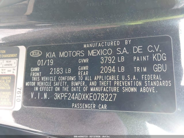 44363723 :رقم المزاد ، 3KPF24ADXKE078227 vin ، 2019 Kia Forte Lxs مزاد بيع