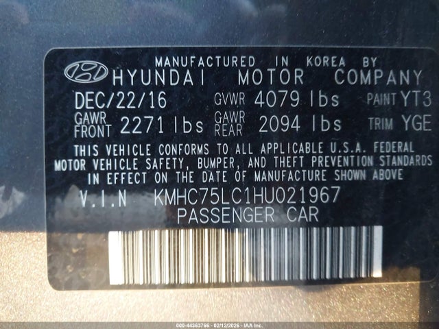 KMHC75LC1HU021967 Hyundai Ioniq Hybrid Sel