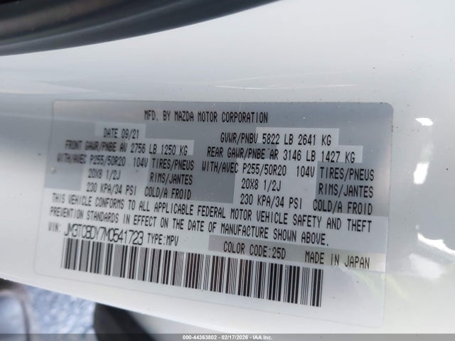 Aukcja sprzedaży 2021 Mazda Cx-9 Grand Touring, vin: JM3TCBDY7M0541723, numer aukcji: 44363802