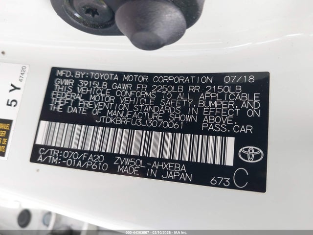 JTDKBRFU3J3070061 Toyota Prius Two