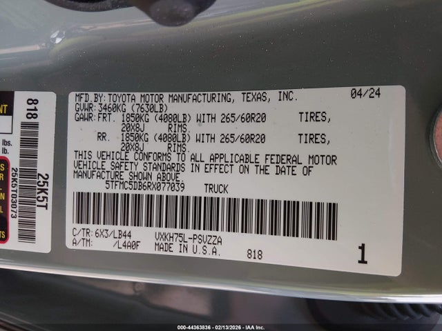 Aukcja sprzedaży 2024 Toyota Tundra Hybrid 1794 Edition 4wd, vin: 5TFMC5DB6RX077039, numer aukcji: 44363836