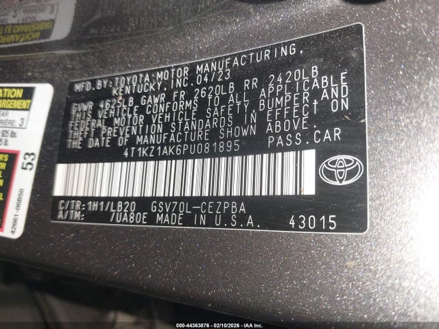 4T1KZ1AK6PU081895 Toyota Camry Xse V6