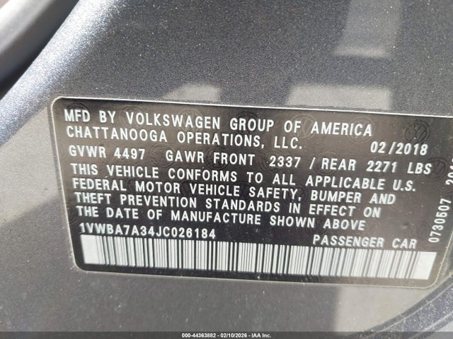 44363882 :رقم المزاد ، 1VWBA7A34JC026184 vin ، 2018 Volkswagen Passat 2.0t Se مزاد بيع