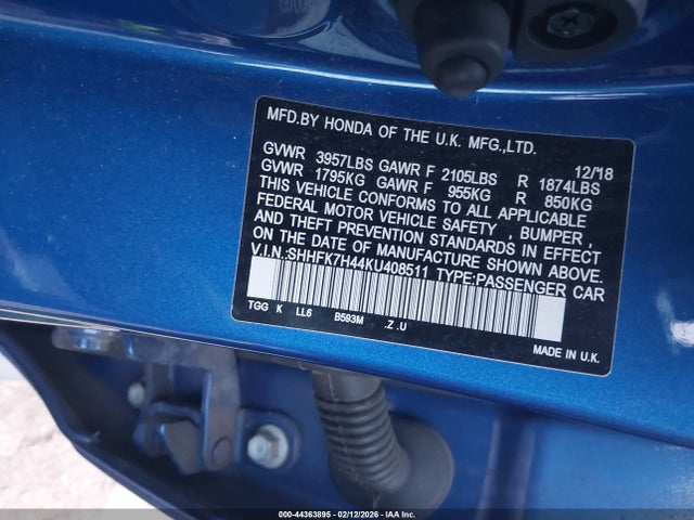 SHHFK7H44KU408511 Honda Civic Sport