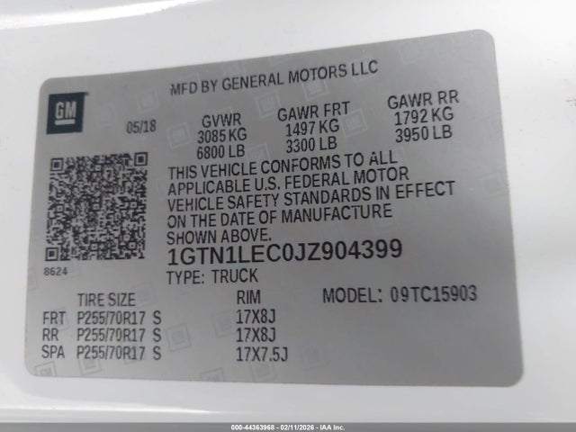 Aukcja sprzedaży 2018 Gmc Sierra 1500, vin: 1GTN1LEC0JZ904399, numer aukcji: 44363968