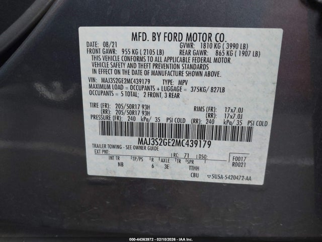 44363972 :رقم المزاد ، MAJ3S2GE2MC439179 vin ، 2021 Ford Ecosport Se مزاد بيع