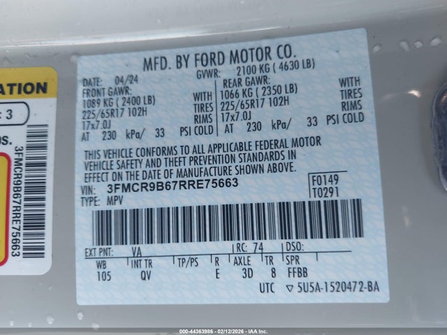 Продажа на аукционе авто 2024 Ford Bronco Sport Big Bend, vin: 3FMCR9B67RRE75663, номер лота: 44363986