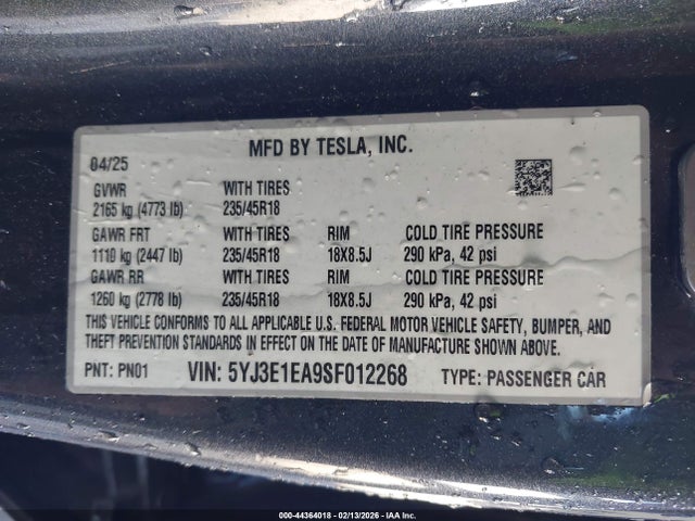 Продаж на аукціоні авто 2025 Tesla Model 3 Long Range Rear-wheel Drive/standard Rear-wheel Drive, vin: 5YJ3E1EA9SF012268, номер лоту: 44364018