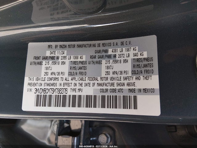 44364019 :رقم المزاد ، 3MVDMBCM7SM786376 vin ، 2025 Mazda Cx-30 2.5 S Carbon Edition مزاد بيع