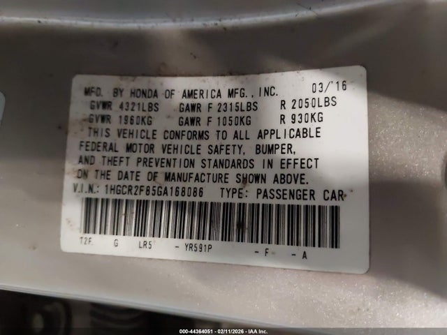 1HGCR2F85GA168086 Honda Accord Ex-l