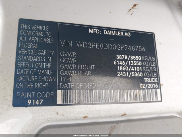 Aukcja sprzedaży 2016 Mercedes-benz Sprinter 2500 High  Roof, vin: WD3PE8DD0GP248756, numer aukcji: 44364096