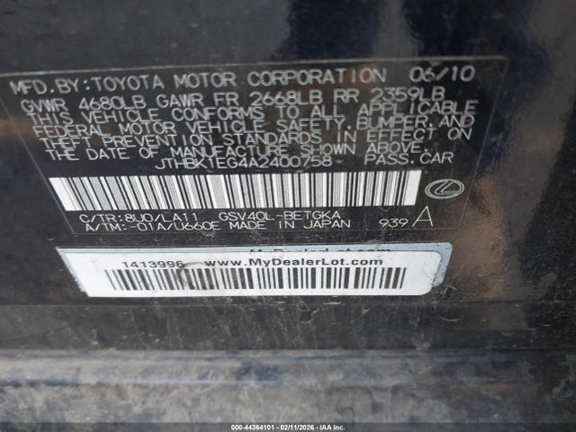 Aukcja sprzedaży 2010 Lexus Es 350, vin: JTHBK1EG4A2400758, numer aukcji: 44364101