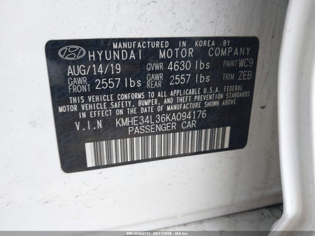 44364111 :رقم المزاد ، KMHE34L36KA094176 vin ، 2019 Hyundai Sonata Hybrid Limited مزاد بيع