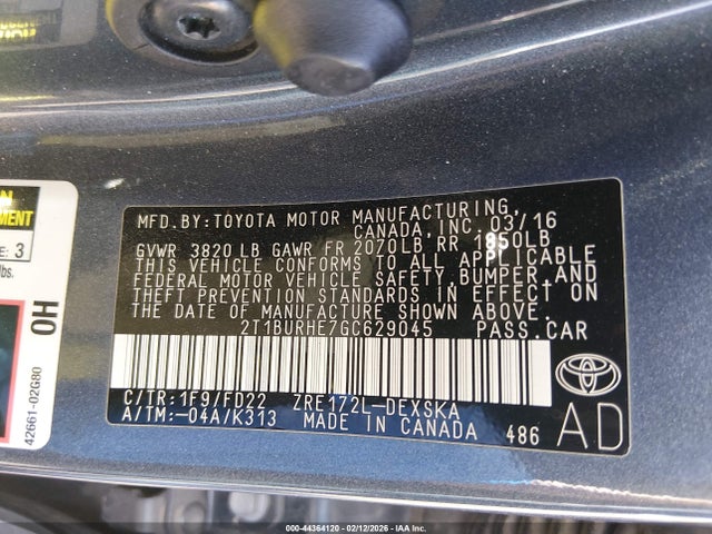 2016 Toyota Corolla S Plus მანქანა იყიდება აუქციონზე, vin: 2T1BURHE7GC629045, აუქციონის ნომერი: 44364120