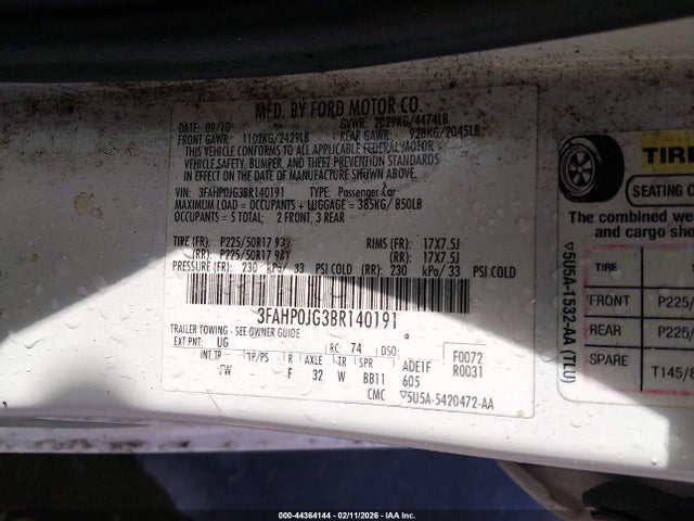 2011 FORD FUSION 3FAHP0JG3BR140191 Photo 8