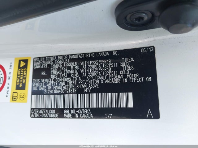 44364201 :رقم المزاد ، 2T2ZK1BA4DC124843 vin ، 2013 Lexus Rx 350 مزاد بيع