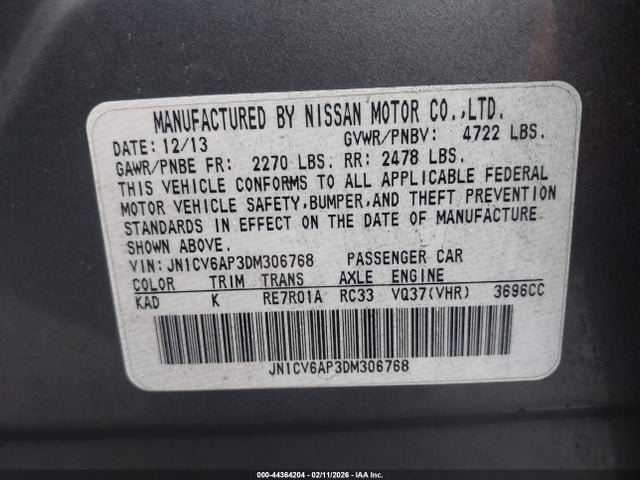 2013 Infiniti G37 Journey მანქანა იყიდება აუქციონზე, vin: JN1CV6AP3DM306768, აუქციონის ნომერი: 44364204