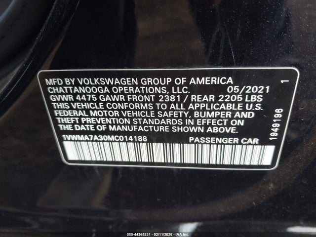 Продаж на аукціоні авто 2021 Volkswagen Passat 2.0t R-line, vin: 1VWMA7A30MC014188, номер лоту: 44364231